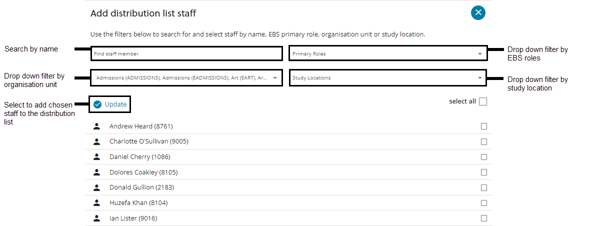 Add staff to distribution list, highlighting search by name, filter drop downs and Update button